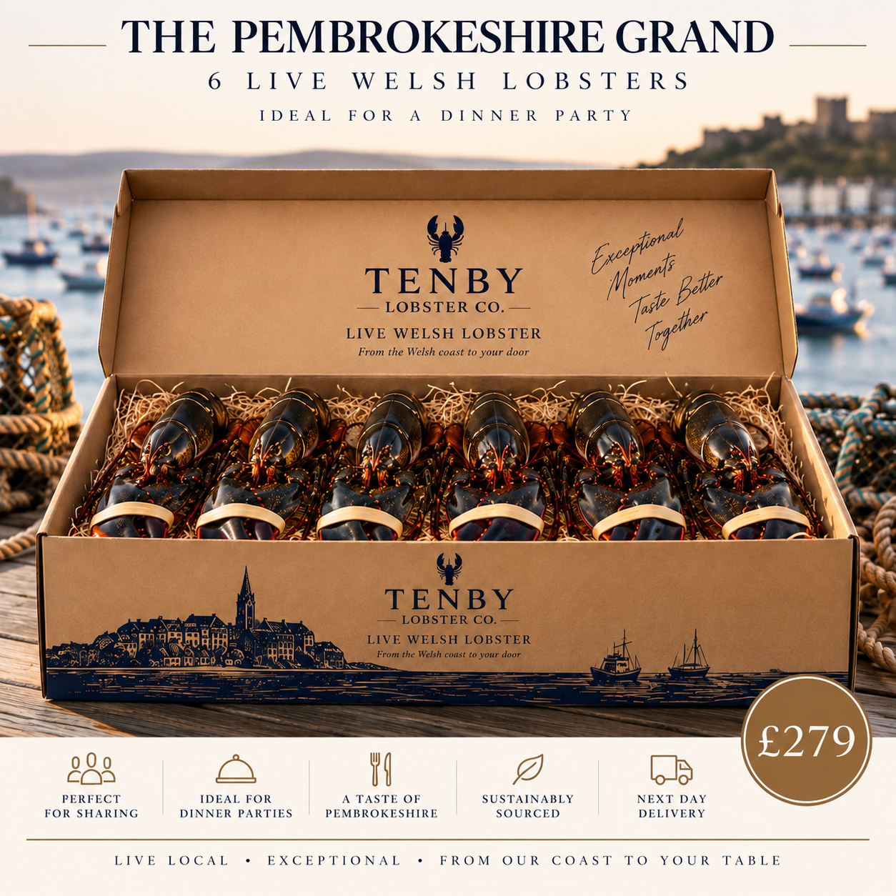 The Pembrokeshire Grand kraft box with 6 live Welsh lobsters