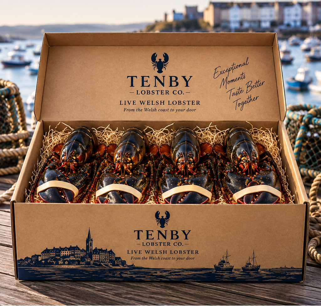 The Pembrokeshire Luxe kraft box with 4 live Welsh lobsters