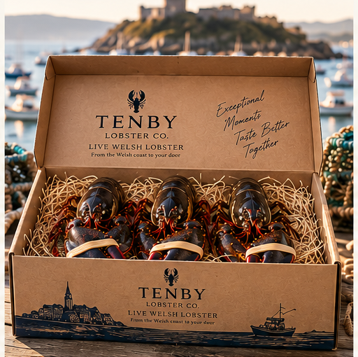 The Tenby Signature kraft box with 3 live Welsh lobsters